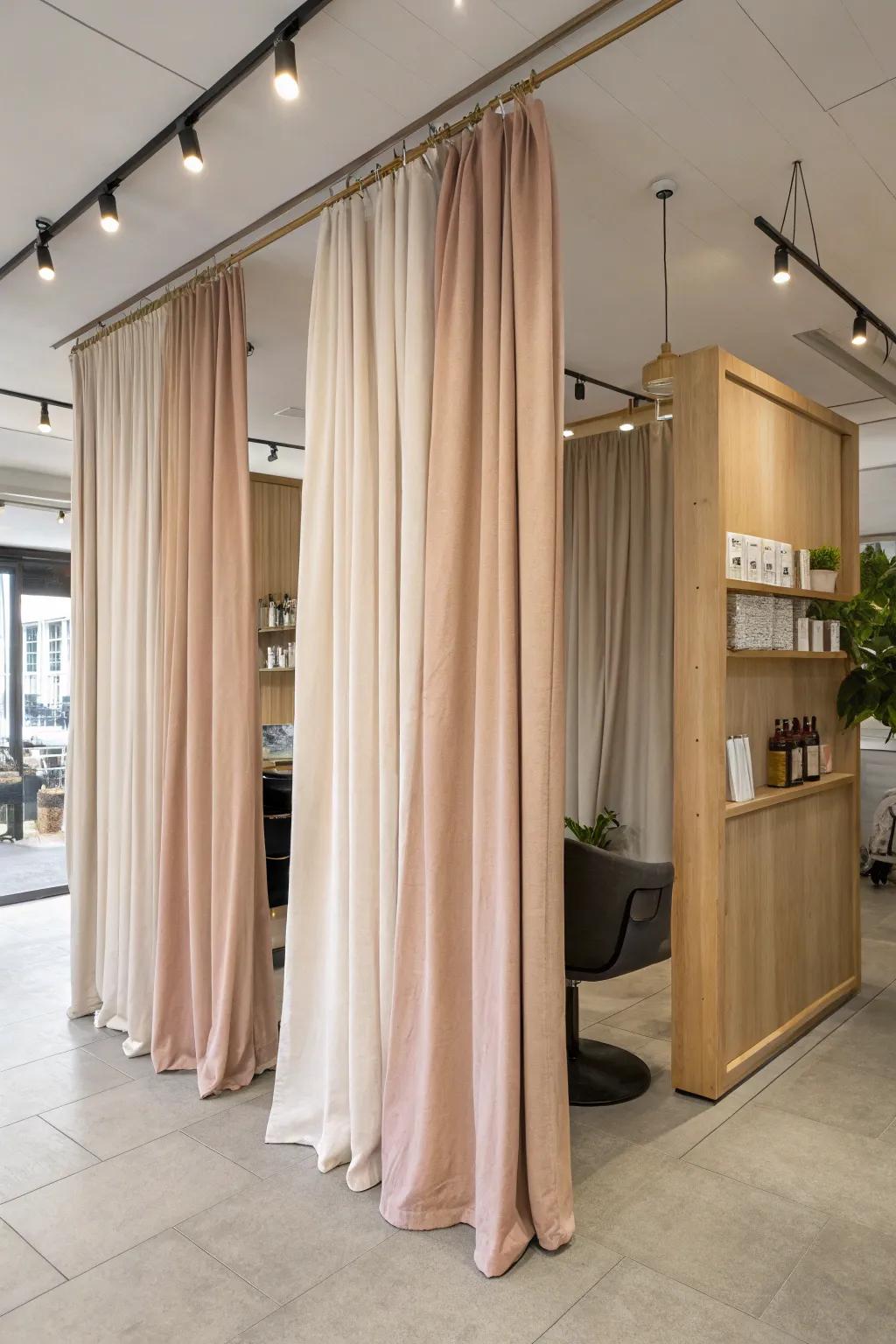 Add elegance and flexibility with curtain dividers in sumptuous fabrics.