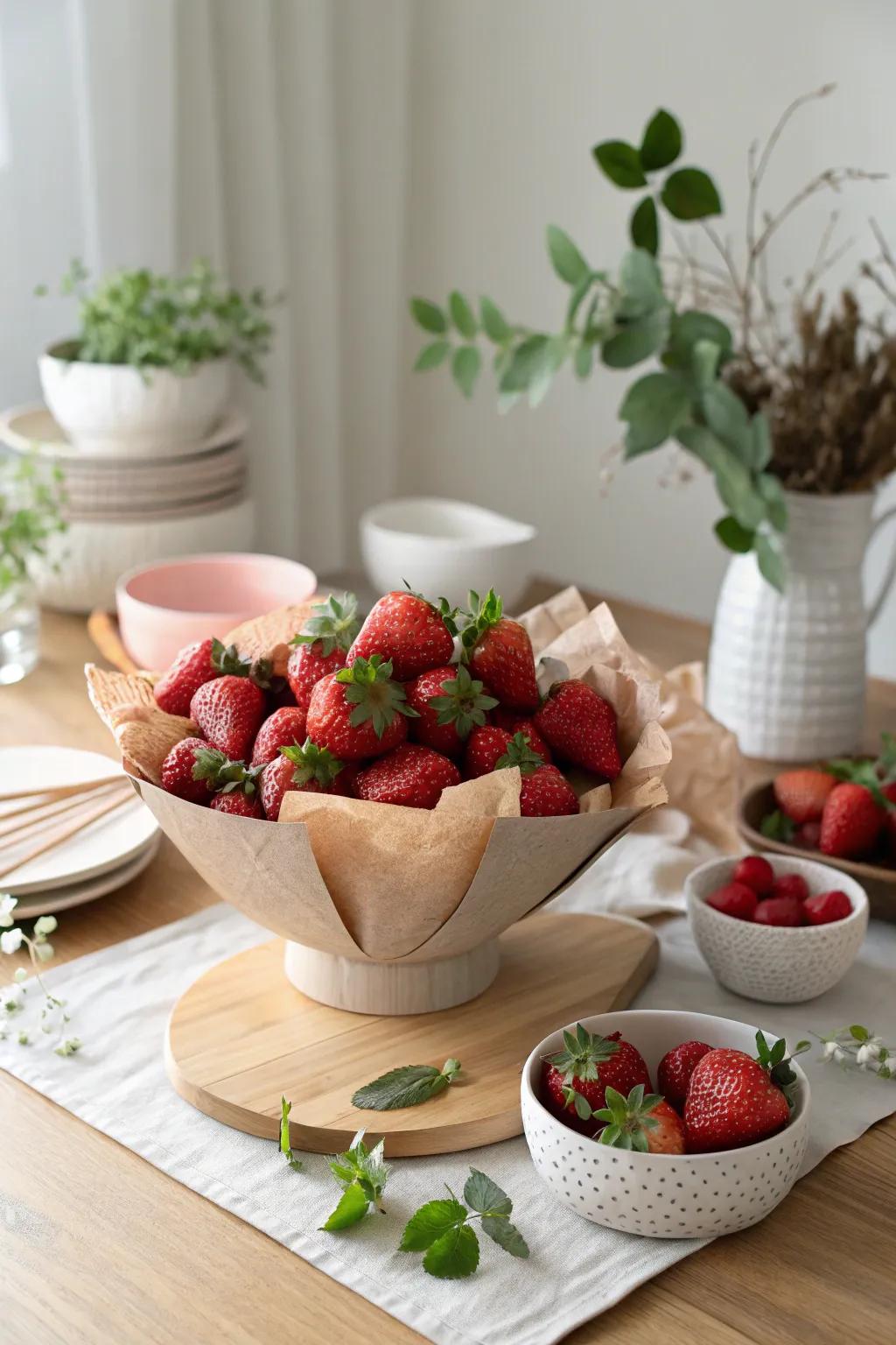 Infuse fun with a mix of real and paper strawberries for a whimsical touch.