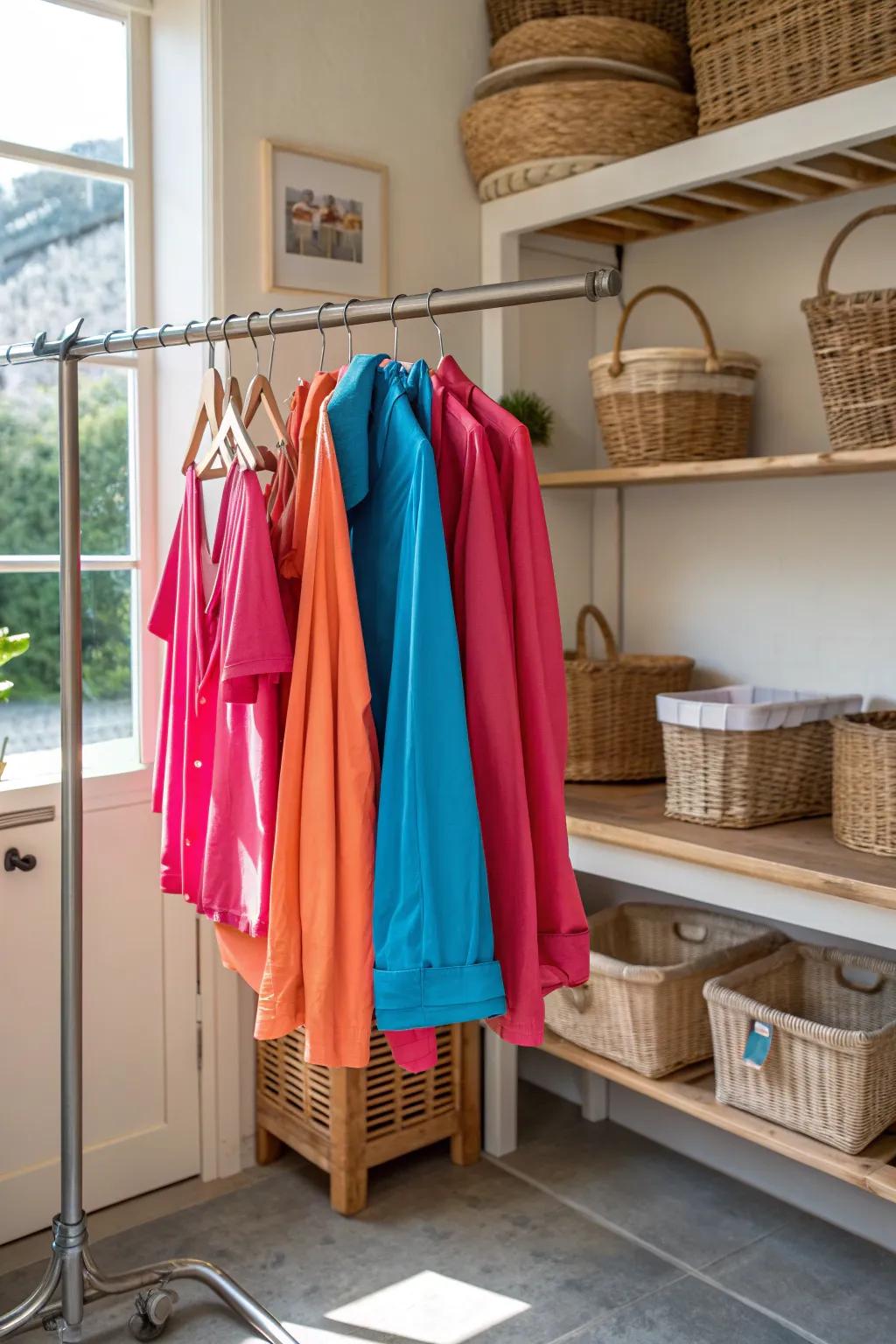 Add elegance and functionality with a hanging rod perfect for drying and organizing clothes.