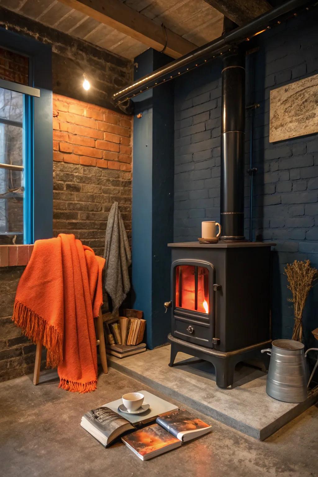 Bring modern edge to tradition with an industrial chic wood stove alcove. 🛠️🏠 #IndustrialDesign #HomeStyle