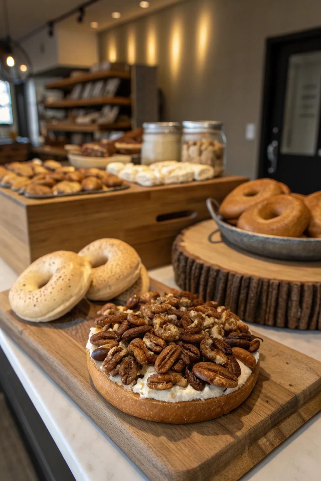 Toasted nuts offer a delightful crunch, enhancing the bagel experience.