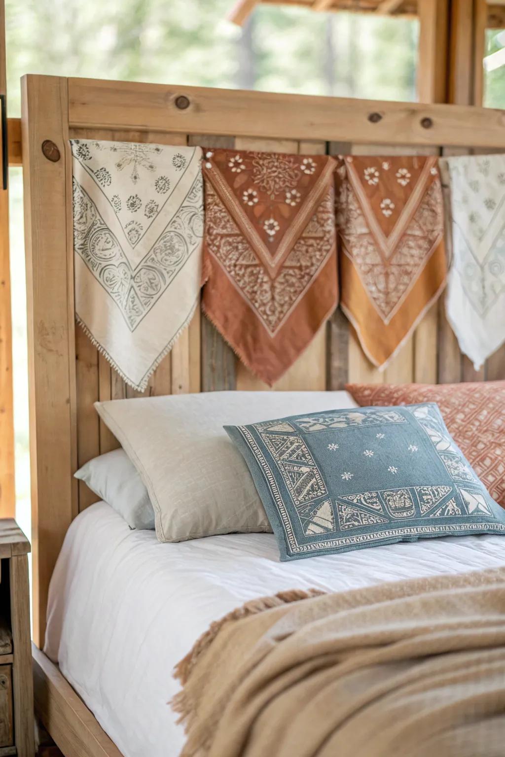 A bandana-covered headboard brings bold bohemian flair to your bedroom.