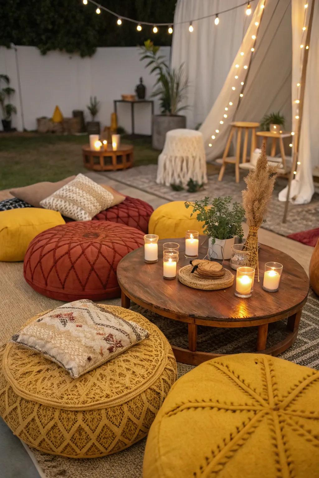Create a cozy and inviting space with floor seating and colorful poufs.