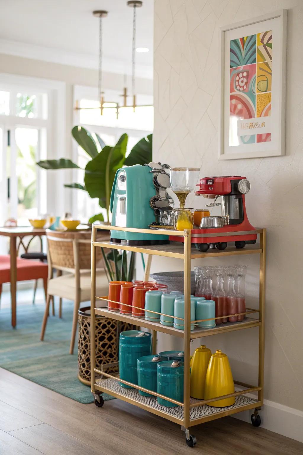A compact bar cart offers flexibility and style for your coffee essentials.