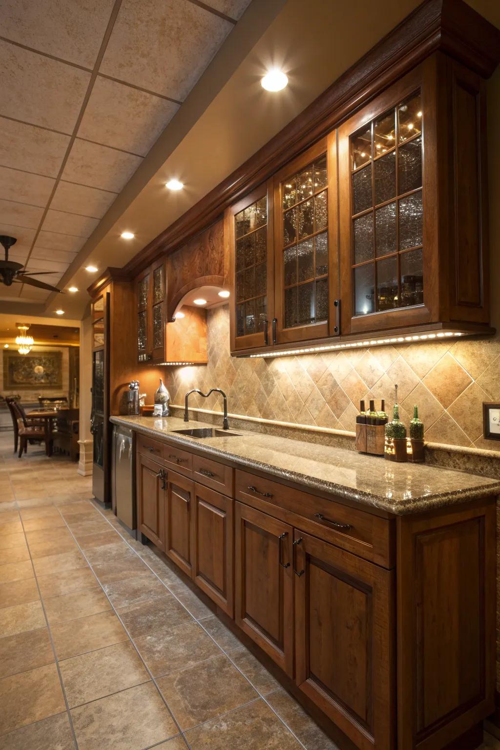 Under cabinet lighting adds subtle, effective illumination.