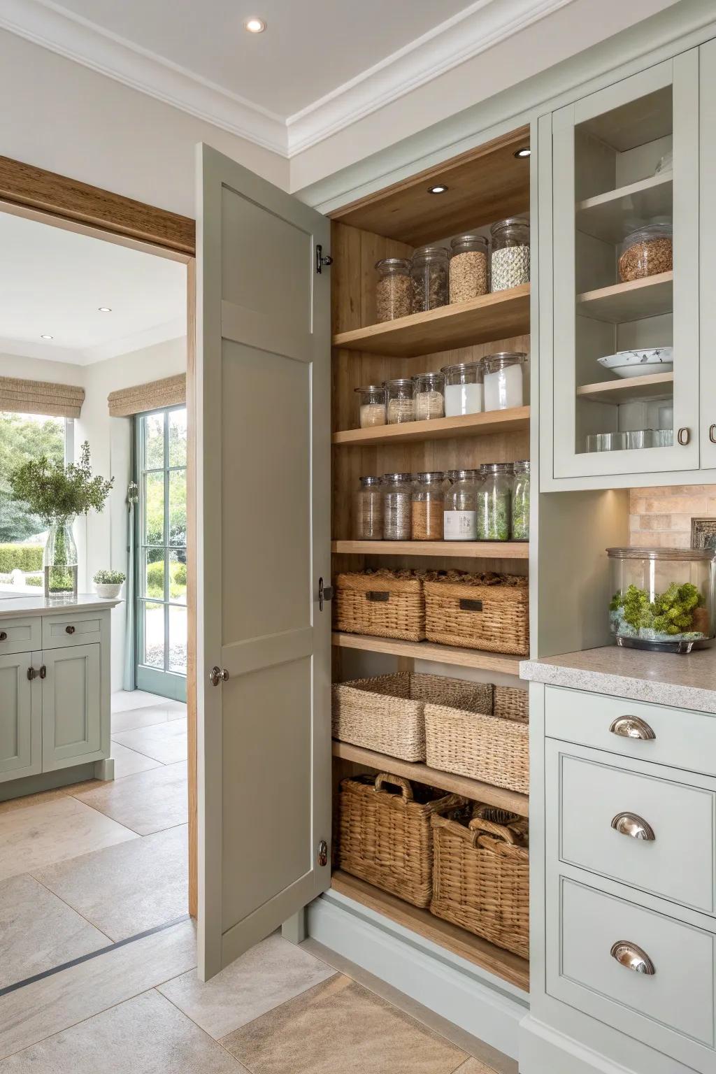 Keep it open and accessible with a pantry cabinet featuring open shelves.