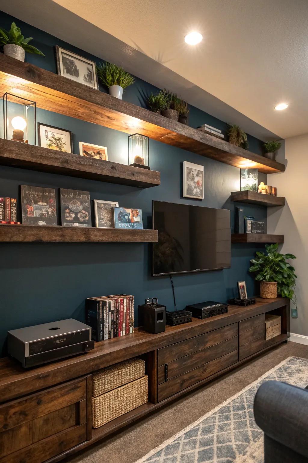 Keep things tidy and chic with floating shelves that showcase your gear. 🕹️📚 #SpaceSaver #ModernDesign