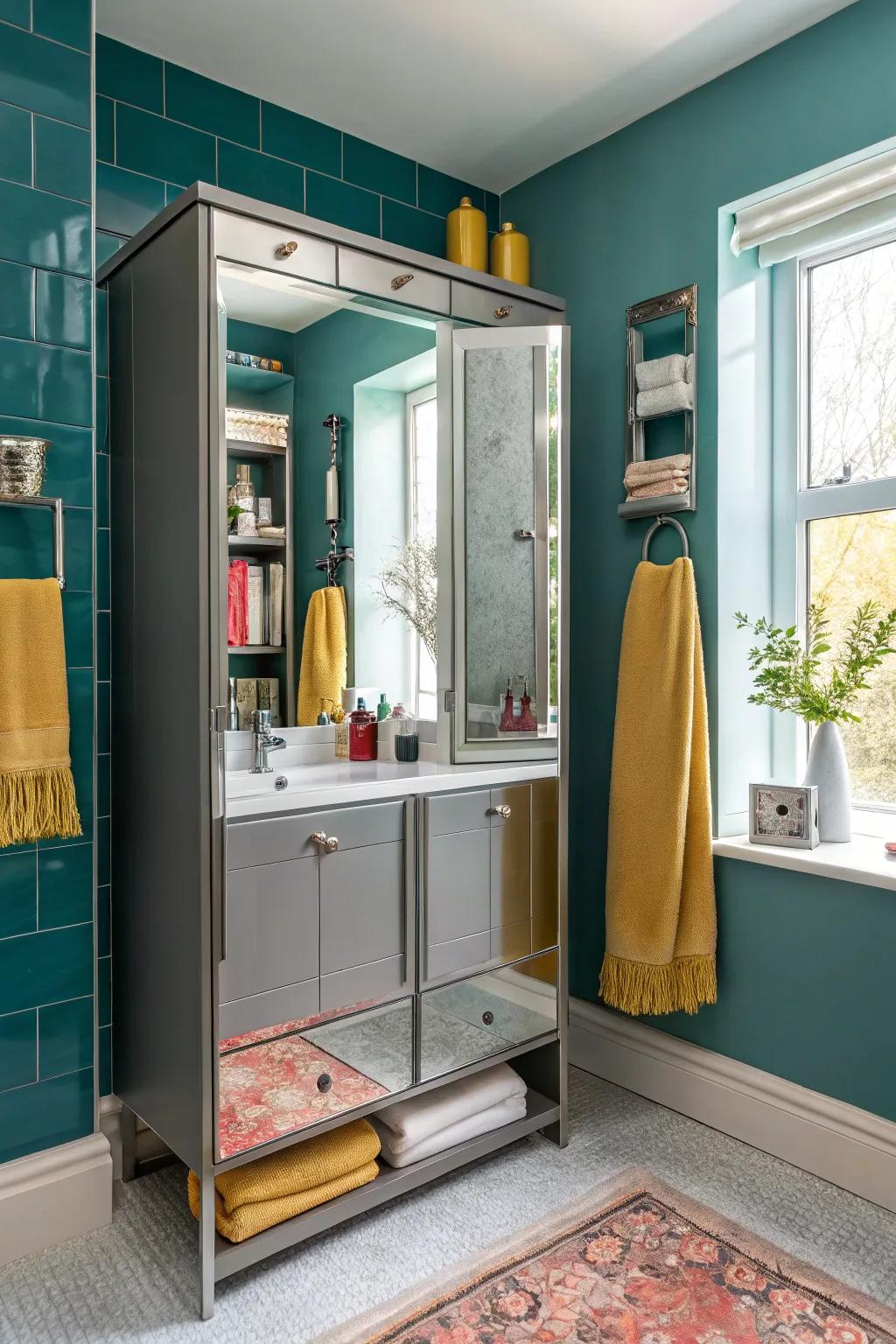 Mirror cabinets with slots keep toothbrushes hidden but easily accessible.