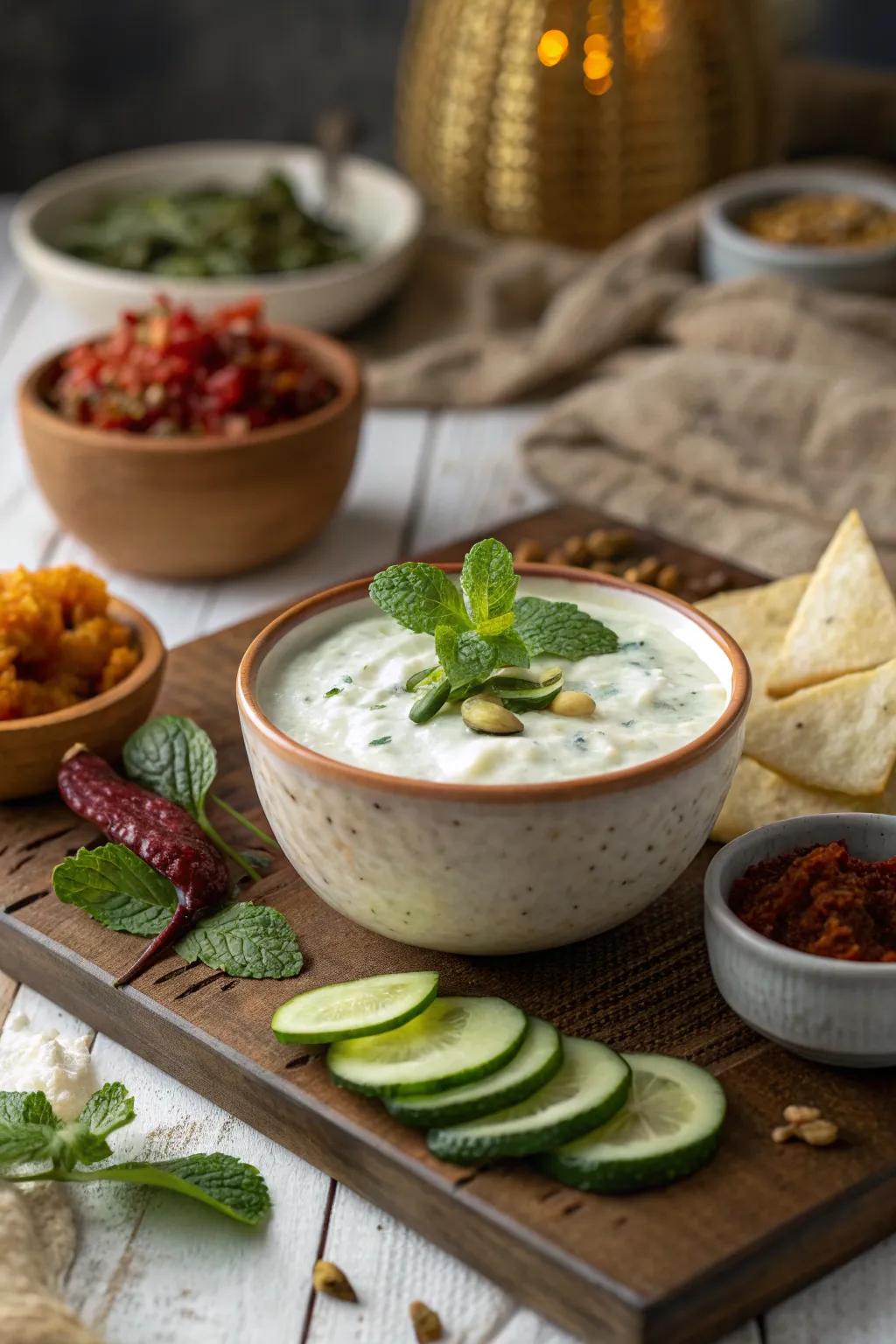 Cool off with yogurt raita, a refreshing palate cleanser between spicy delights. 🌿 #Raita #Refresh