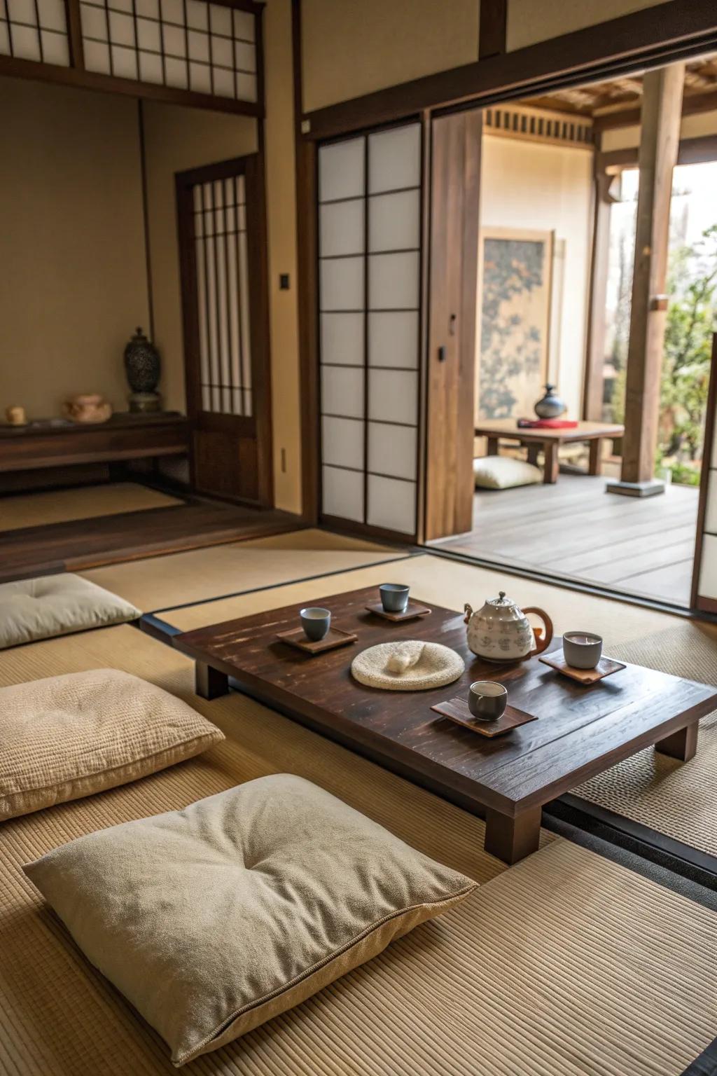 Enhance authenticity with a low table perfect for tea or reflection.