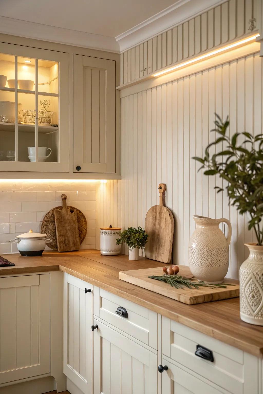Textured elements like beadboard paneling add depth and charm to off white kitchens.
