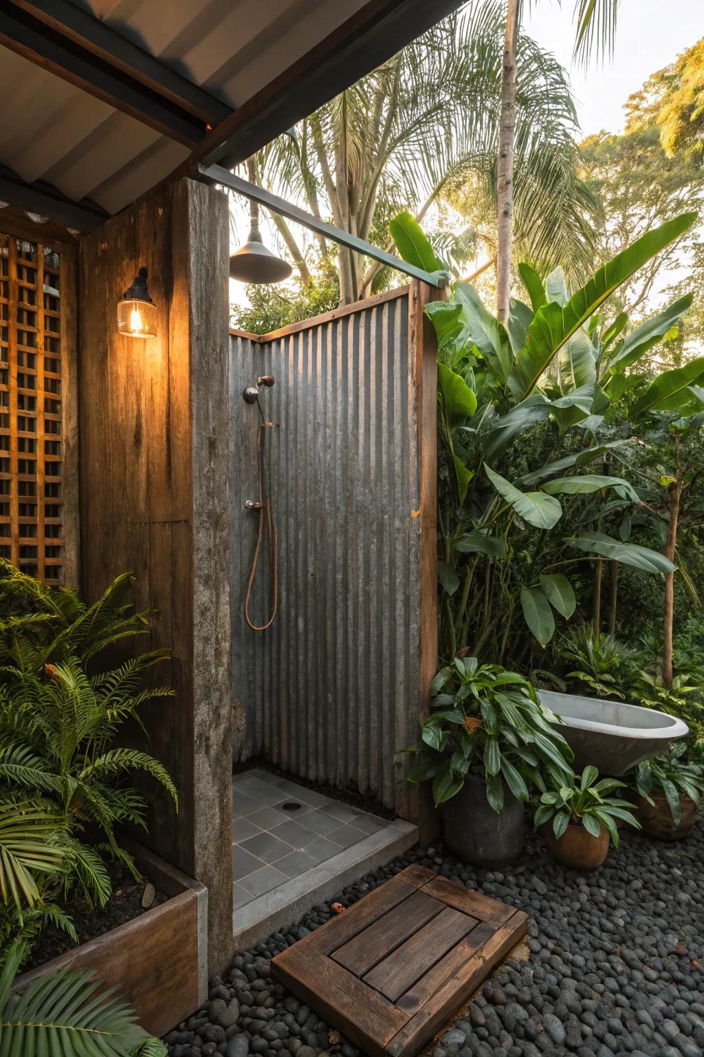 Nature and industry blend seamlessly to create a refreshing, serene shower experience.