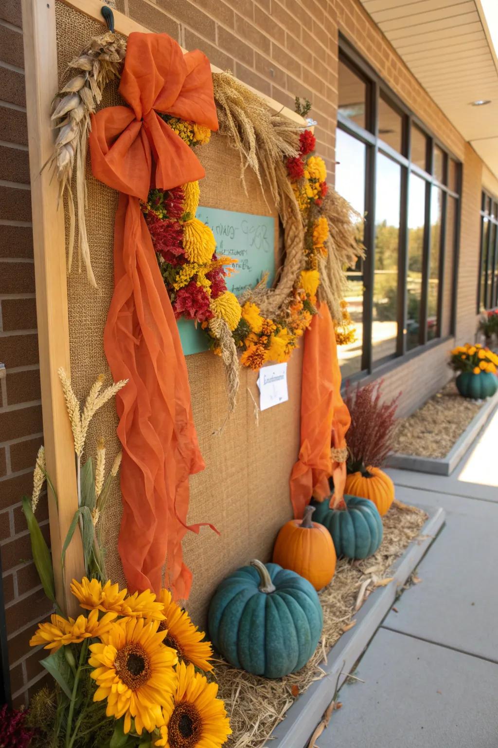 A harvest garland adds a touch of elegance and unity to your scarecrow bulletin board.