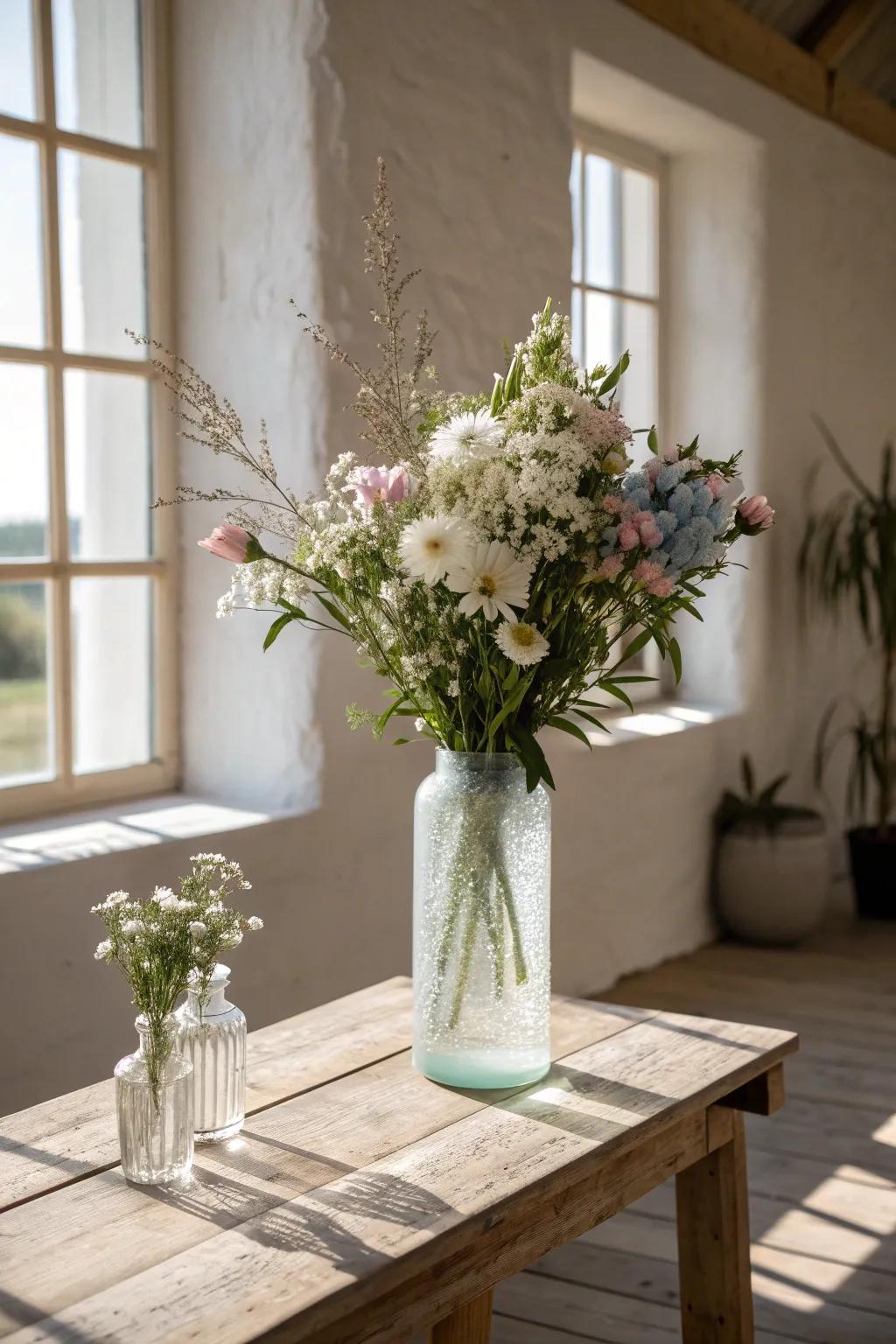 Frosted glass and pastel blooms create an ethereal elegance in your home decor.