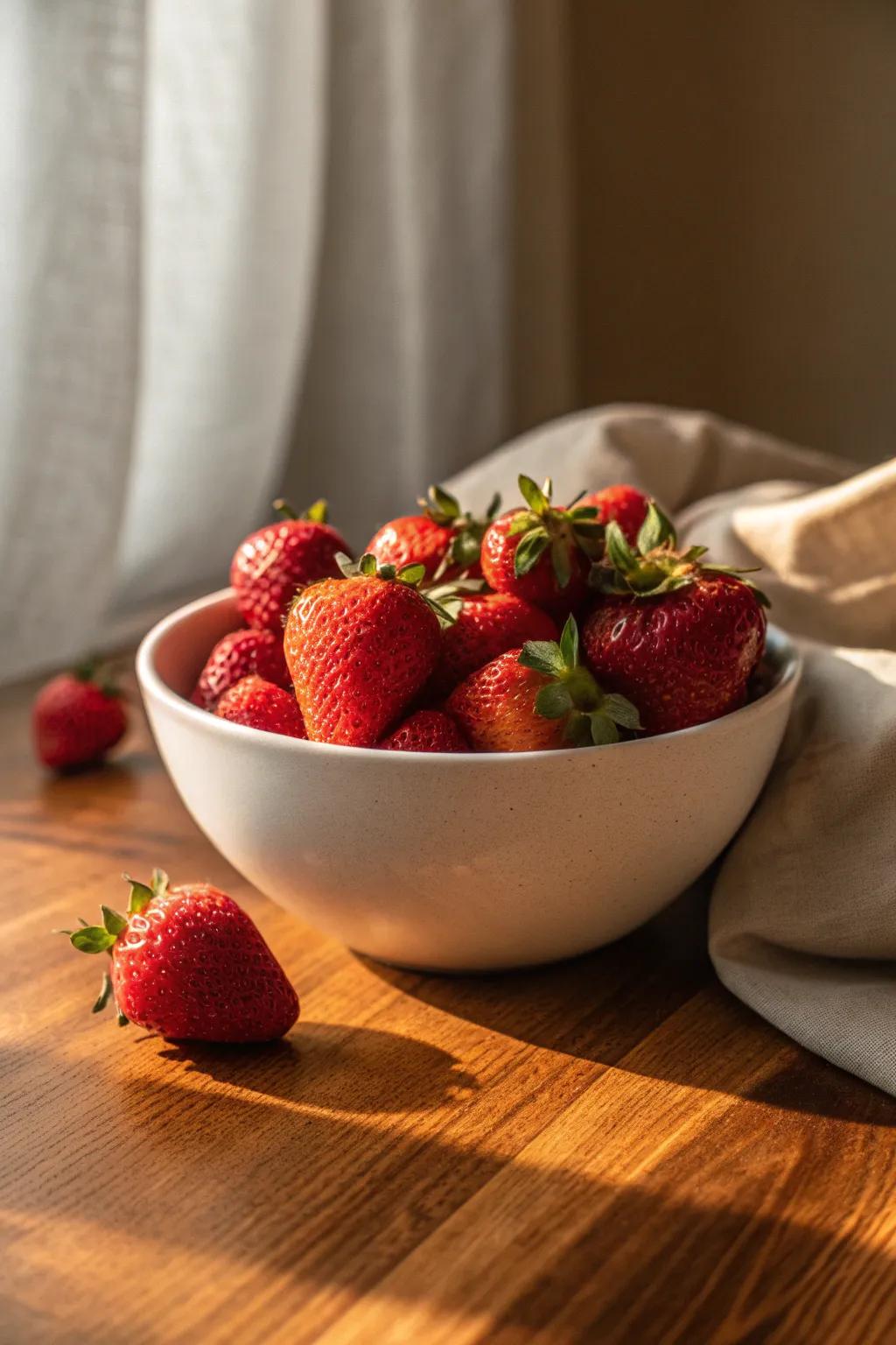 Simplicity at its best with a bowl of fresh strawberries as a centerpiece.