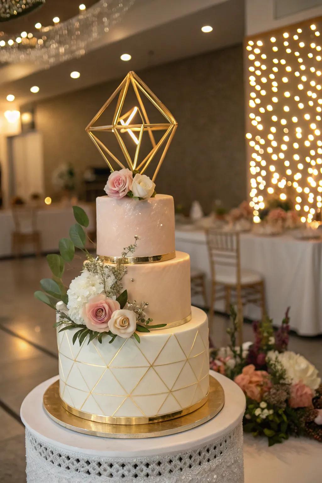 Modernize your wedding cake with geometric toppers that showcase sleek, clean lines.