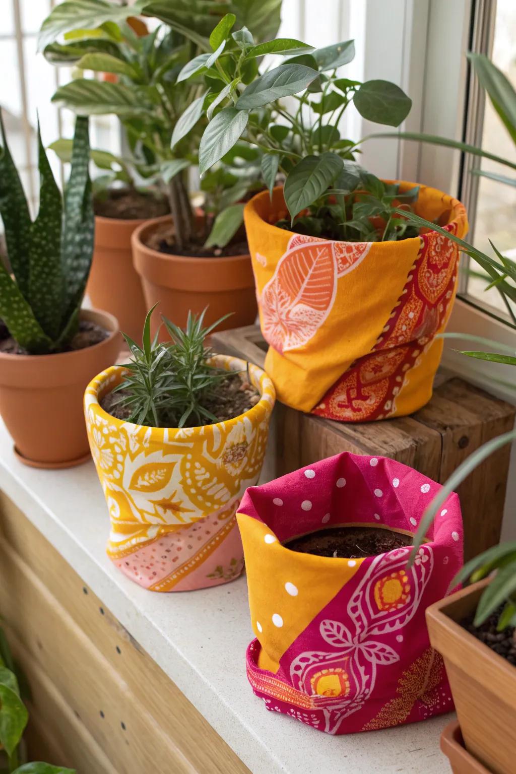 Bandana-wrapped plant pots bring a splash of color to your indoor garden. 🌿 #PlantDecor #ColorfulPlants #GardenStyle