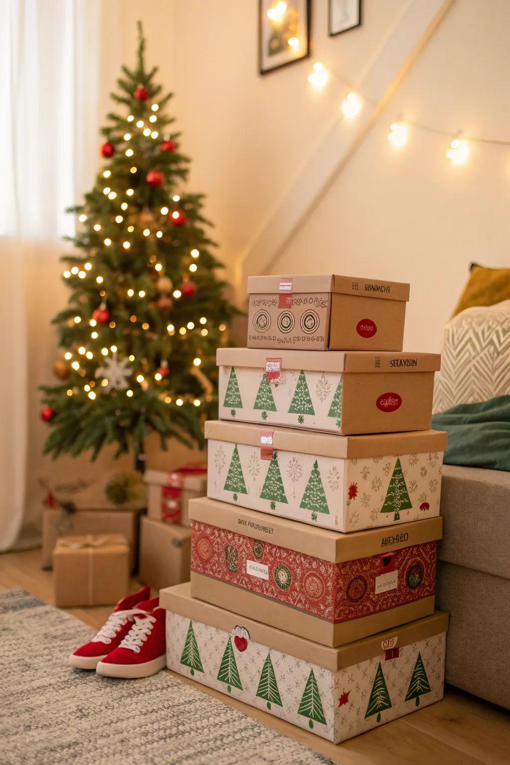 Give your small holiday trinkets a home with repurposed shoe boxes.