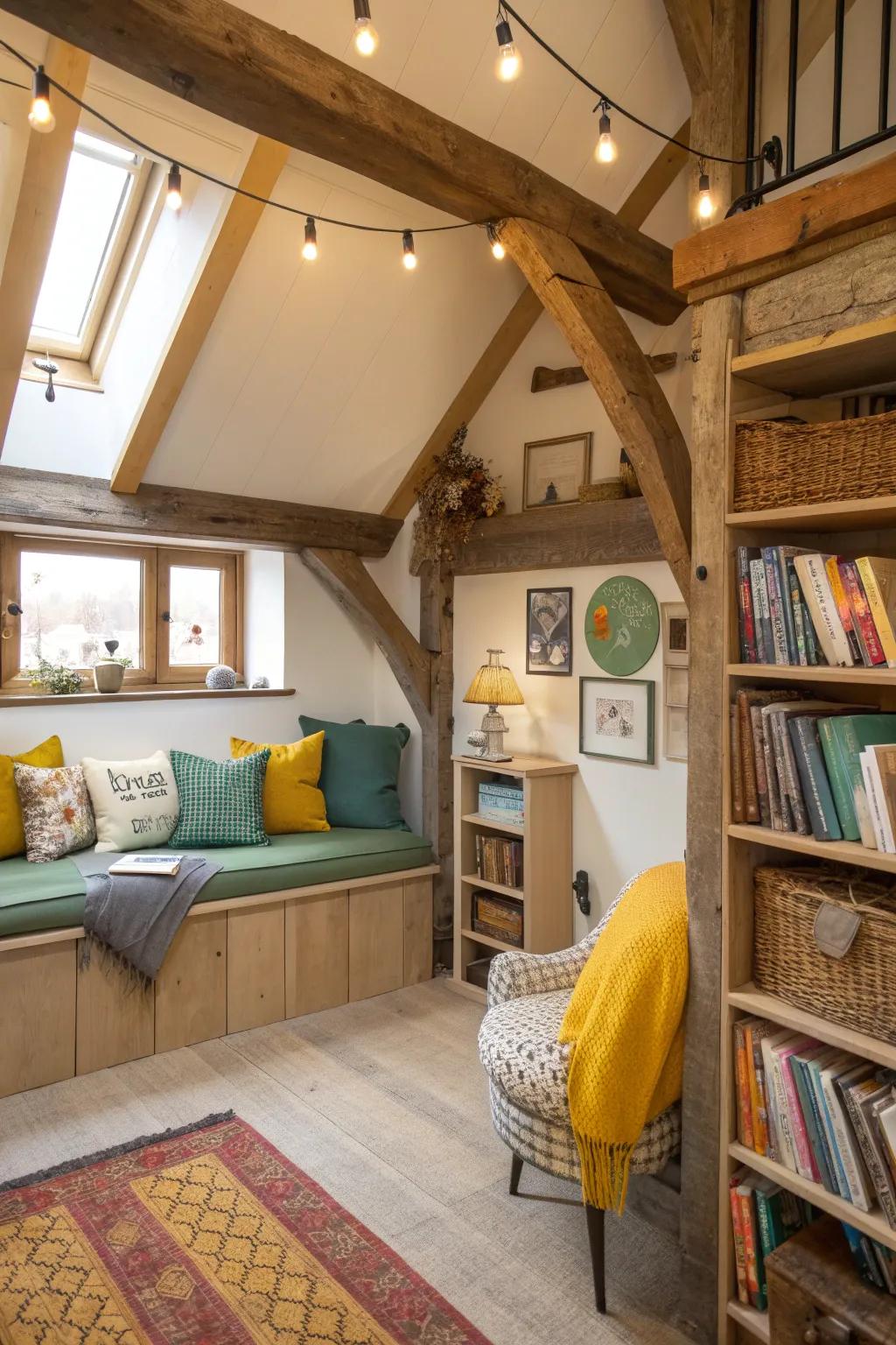 Loft spaces offer smart storage and a cozy reading nook.