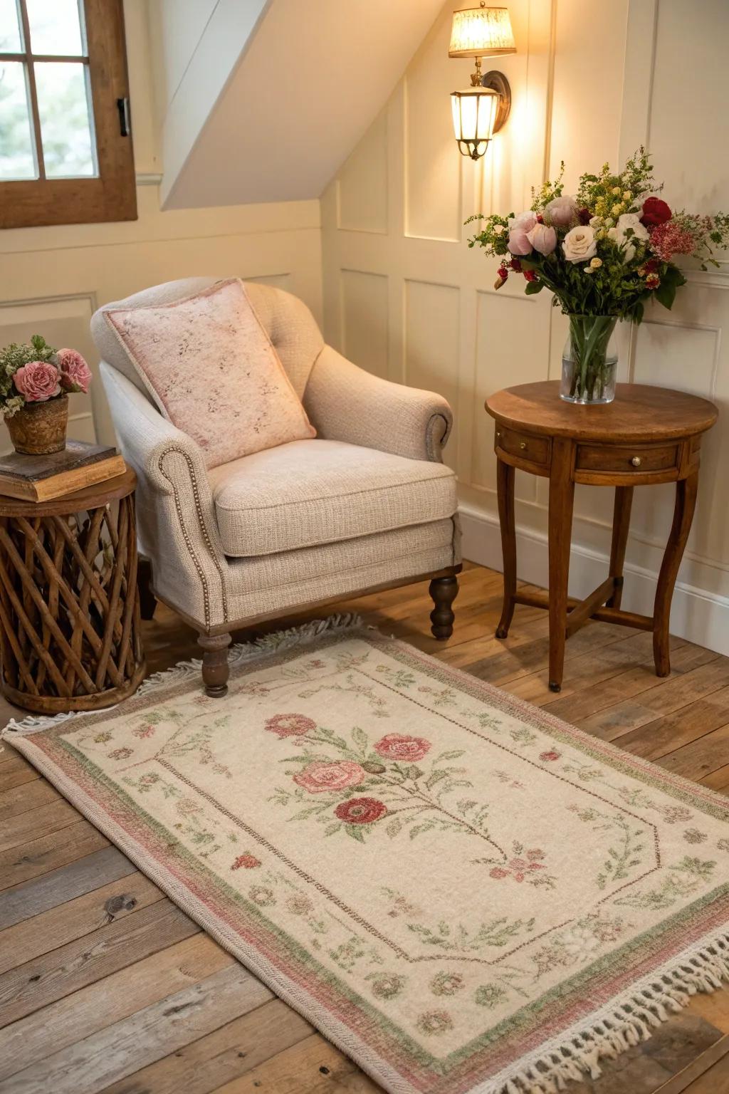 Define a cozy corner with a charming French country rug.