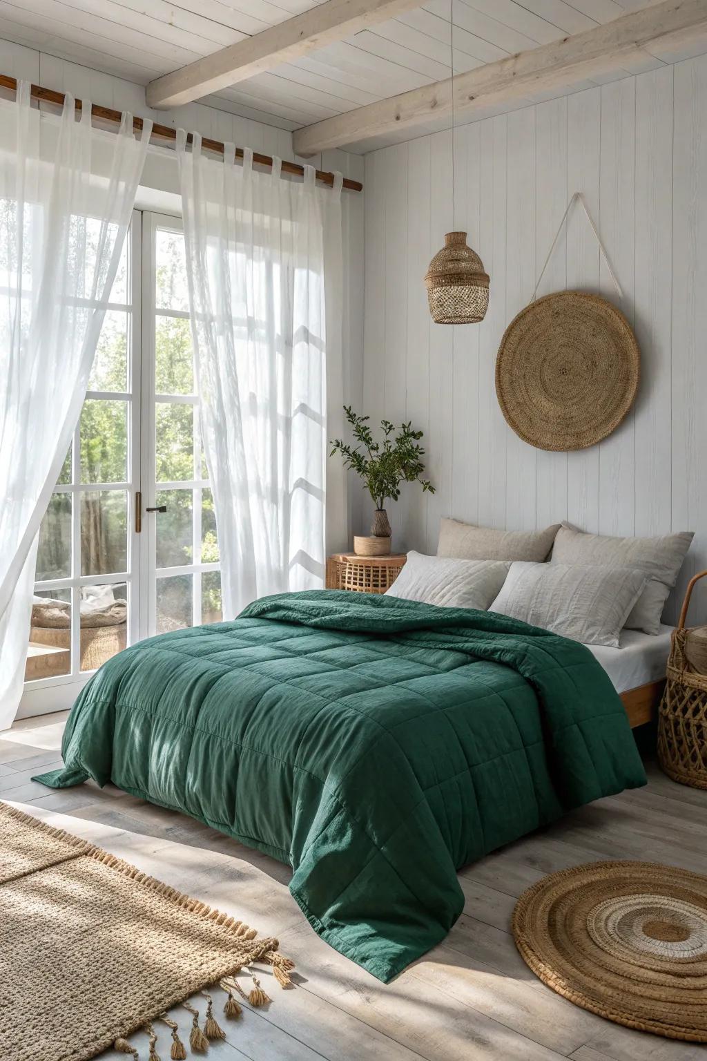 Natural light enhances the beauty of your green comforter, creating an airy space.