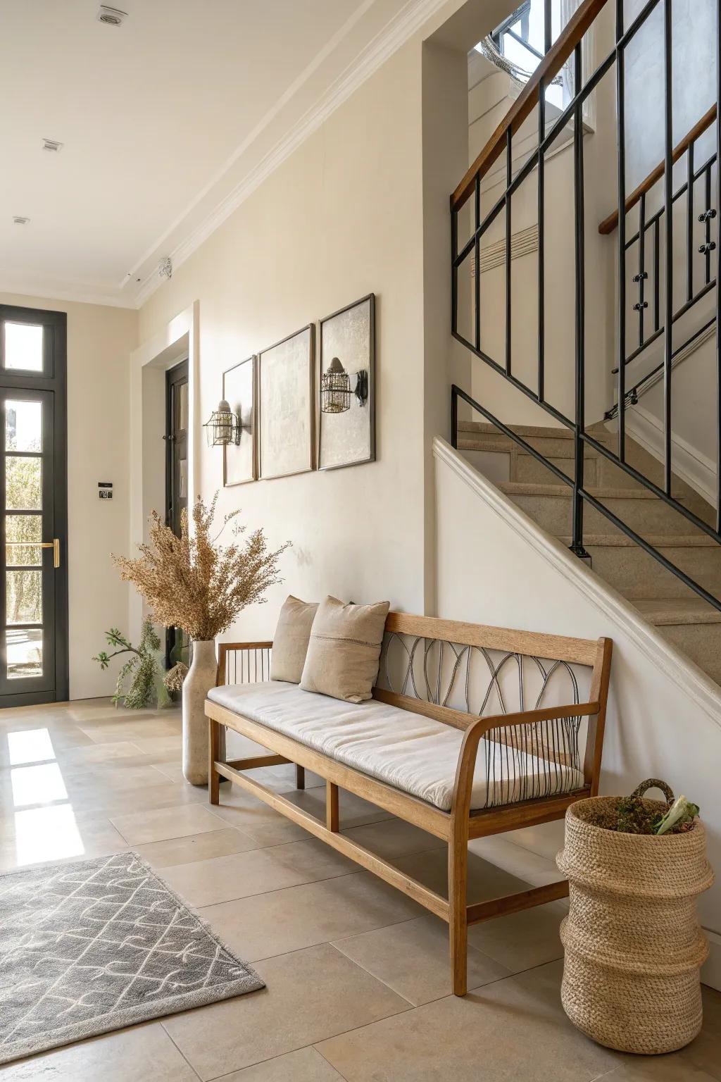 Metal chair rails bring a sleek, industrial touch to your hallway.