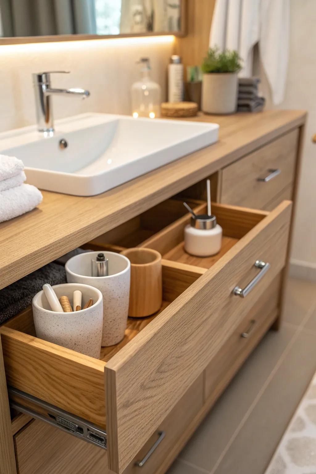 Sliding drawers offer a seamless look while hiding bathroom essentials.