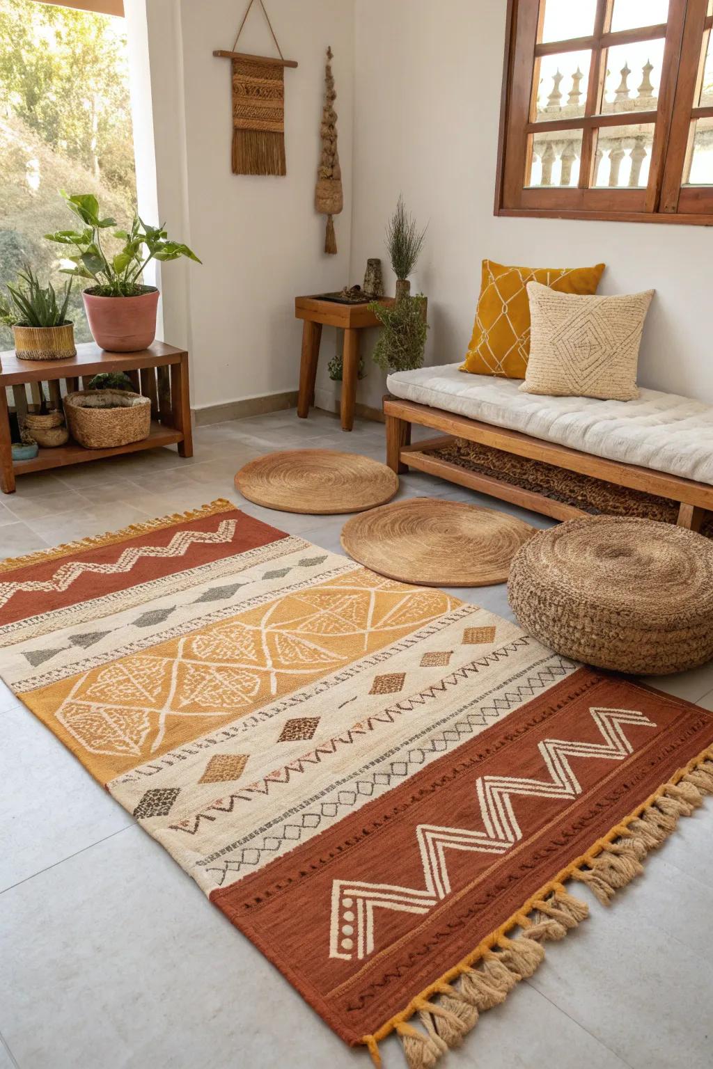 Create warmth from the ground up with vibrant, layered rugs that invite and inspire.