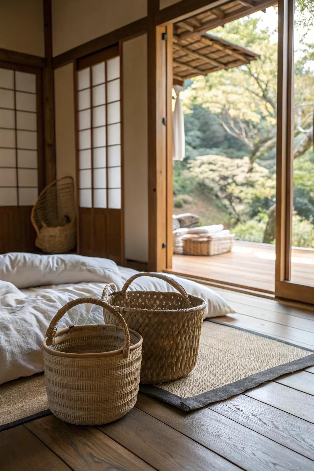 Keep your space tidy with woven baskets that add style and texture.
