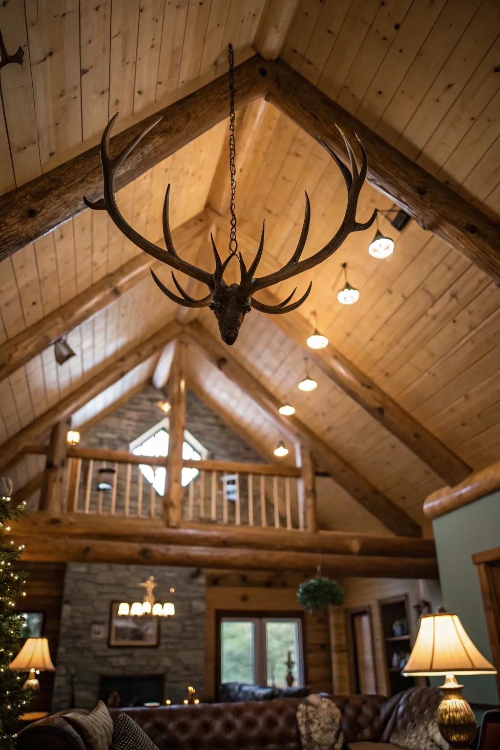 Antler decor adds a unique, wilderness-inspired touch to your cabin's ceiling.