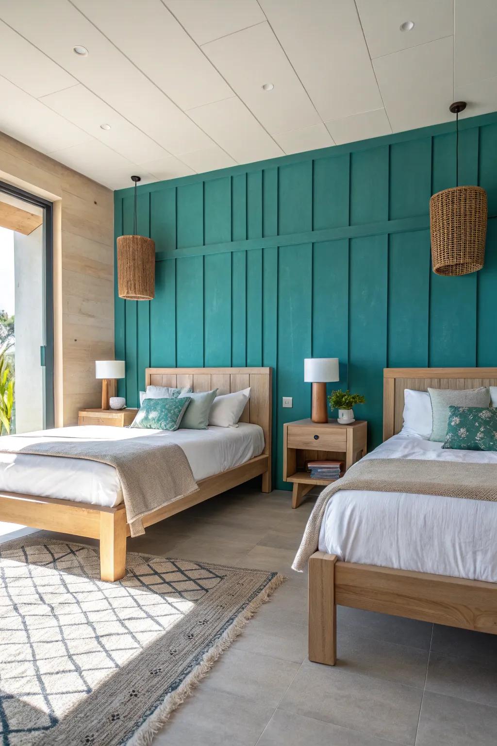 Accent walls make a bold statement in shared bedroom designs.