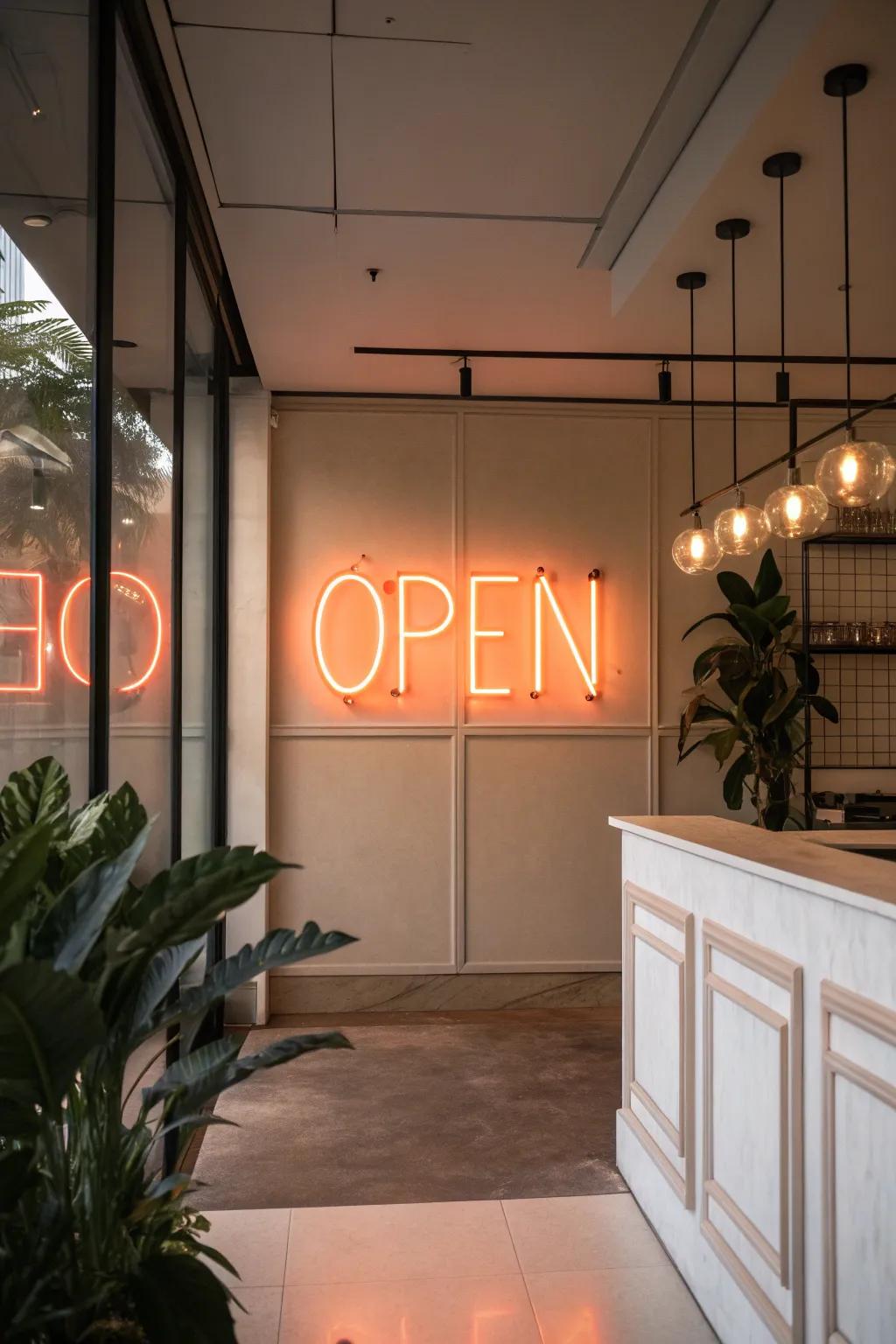 Embrace minimalism with a striking neon sign that speaks volumes on its own.
