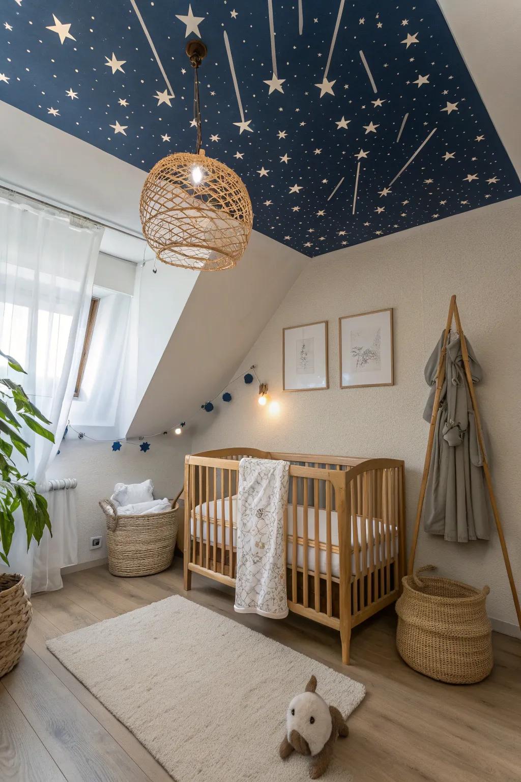 Dream under a sky full of stars with a nursery ceiling that inspires wonder and tranquility. 🌌 #StarryCeiling #DreamyNursery