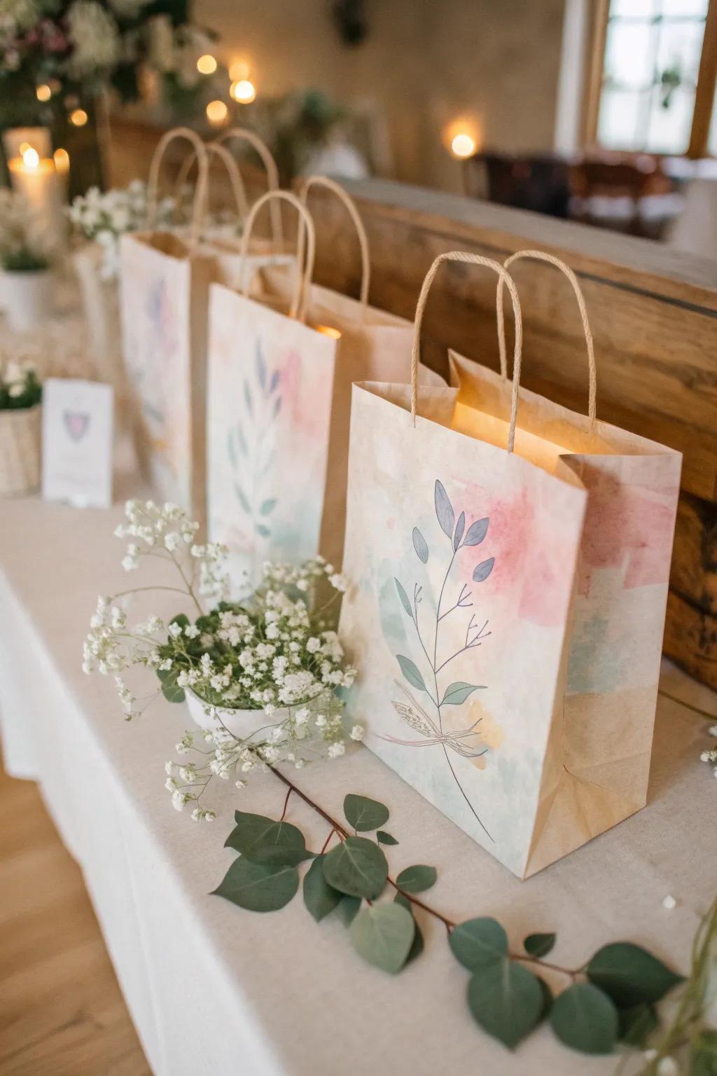 Create a dreamy atmosphere with these watercolor bags, ideal for romantic events.