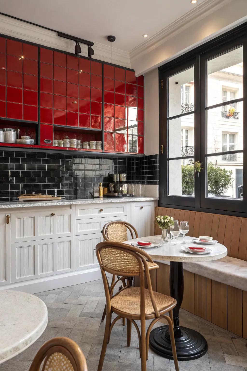 Infuse your kitchen with French elegance using café-inspired elements that evoke a sense of charm.