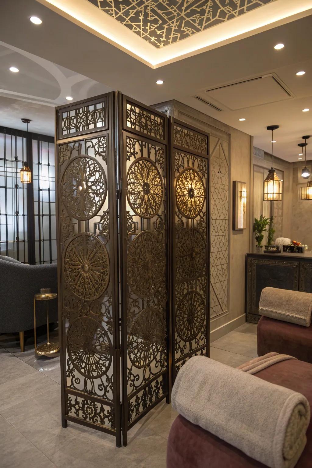 Combine art and function with intricate metal screens for a sophisticated look.