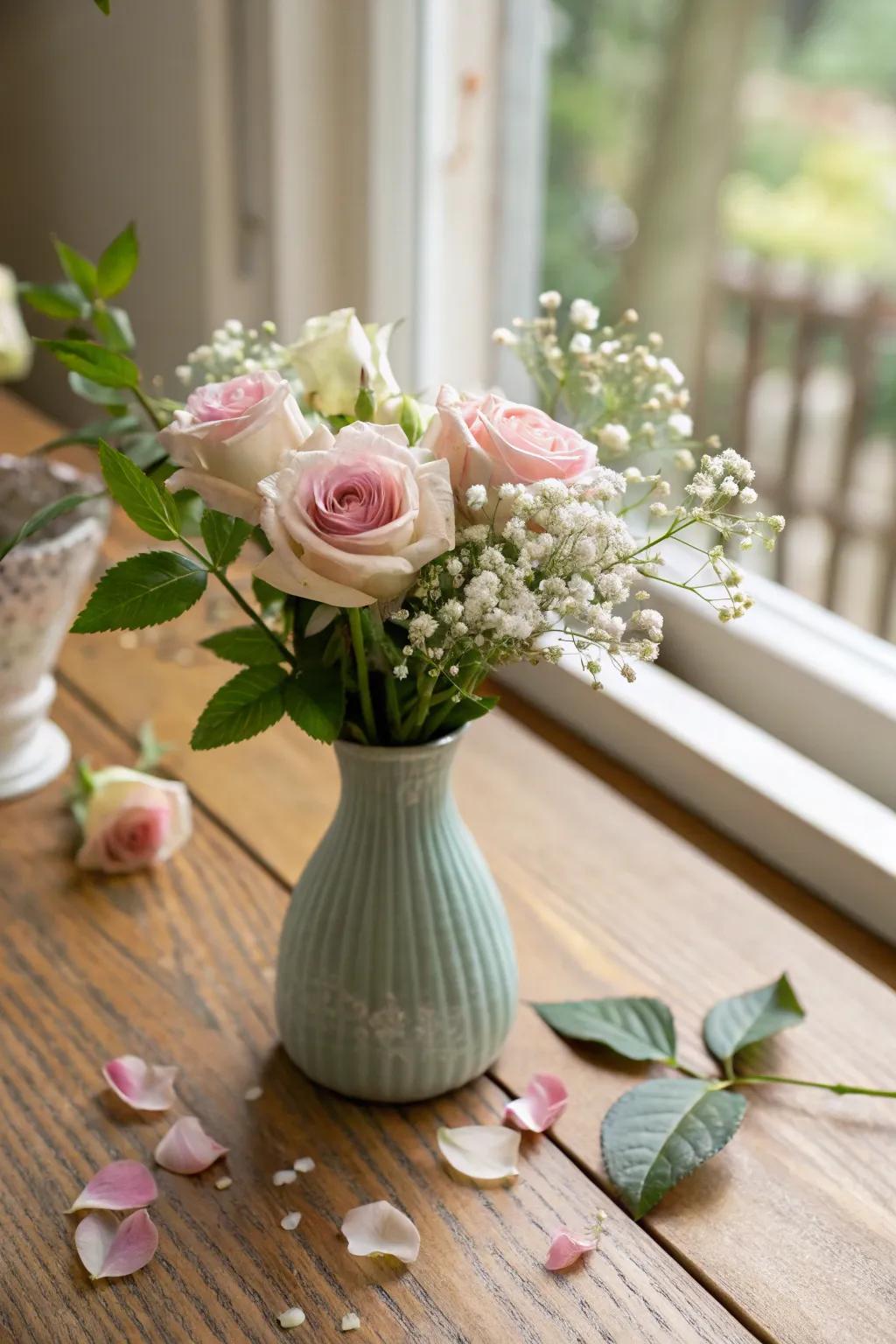 Mini roses in a tiny vase add a sweet, charming touch to your workspace.