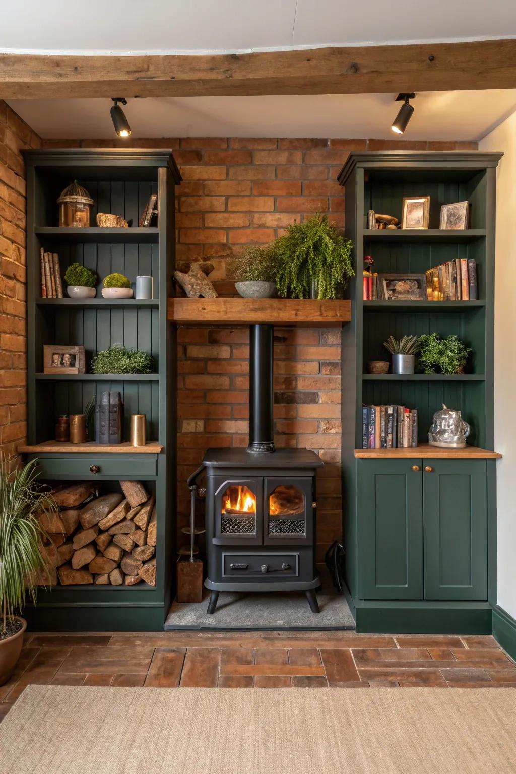 Built-in shelves add functionality and style to your wood stove alcove.