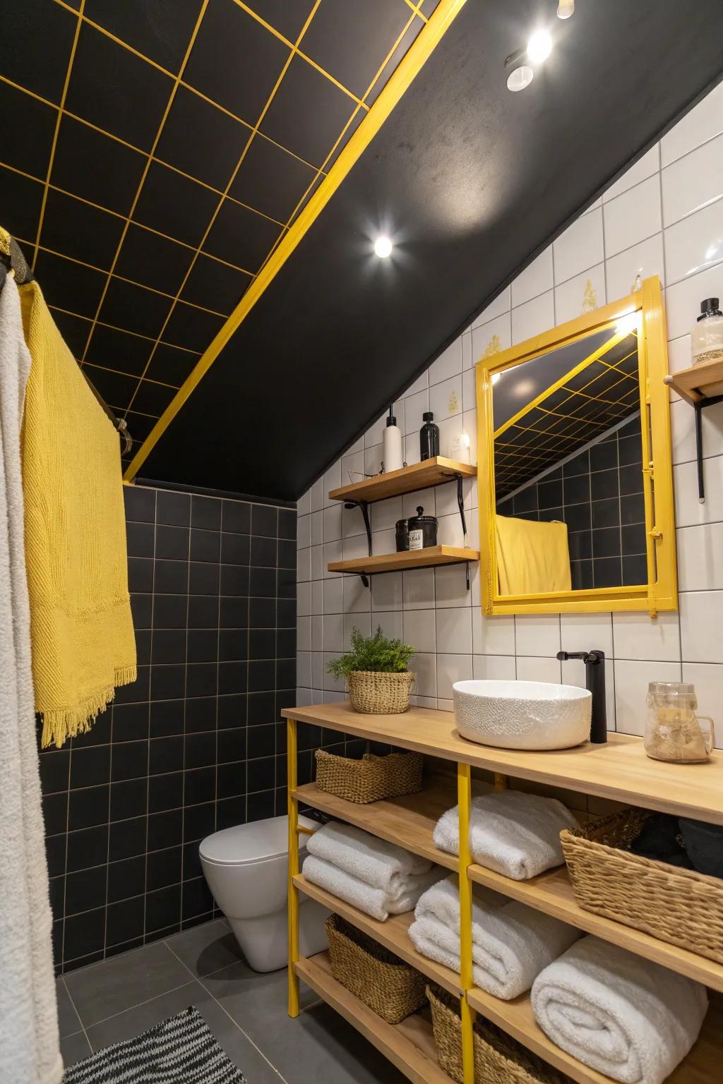 A black ceiling paired with yellow accents creates a dramatic yet cozy atmosphere. #CeilingDesign #BathroomAmbiance