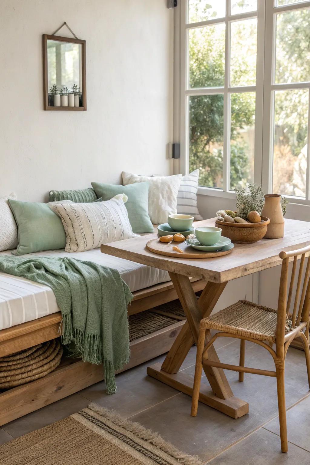 Relax and dine in style with a daybed-inspired corner setup. #RelaxedDining #HomeComfort