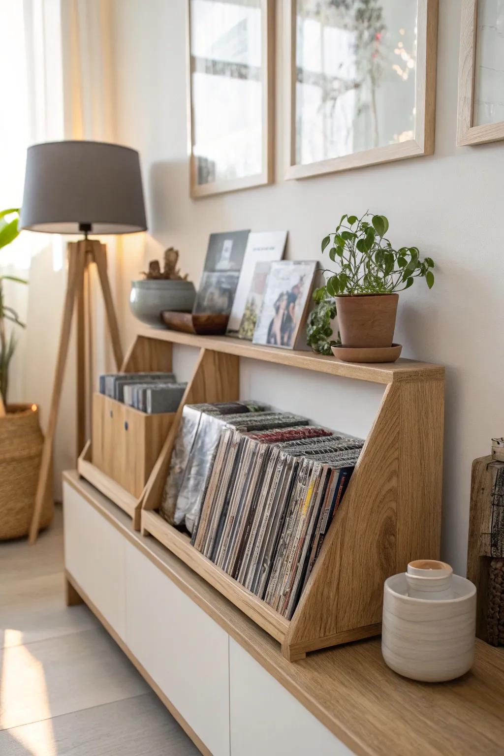 Think outside the box with magazine holders that cleverly store your DVD collection. 📚🎬 #CreativeStorage #HomeHacks