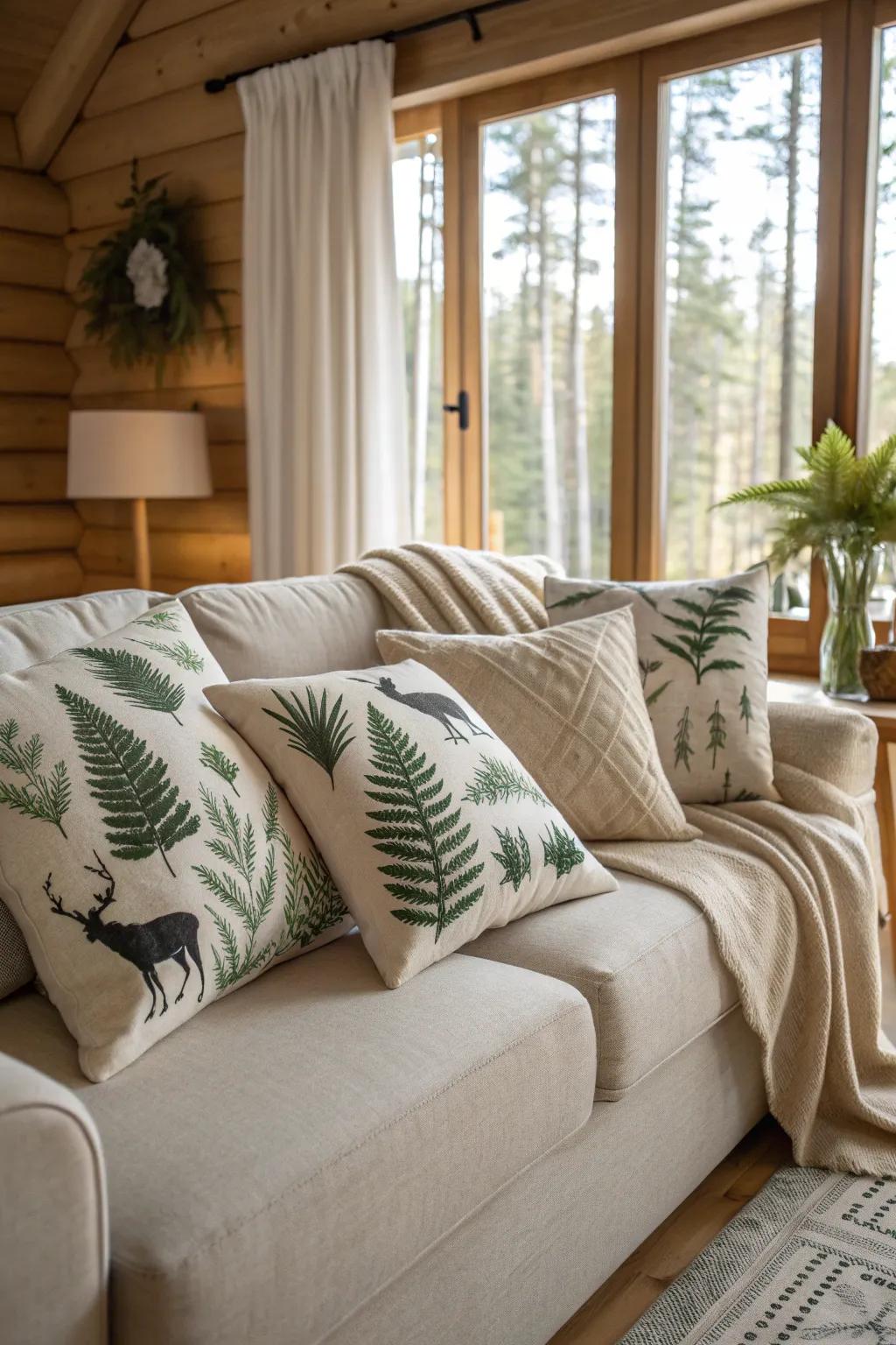 Forest-themed pillows add a cozy and natural accent to any seating area.