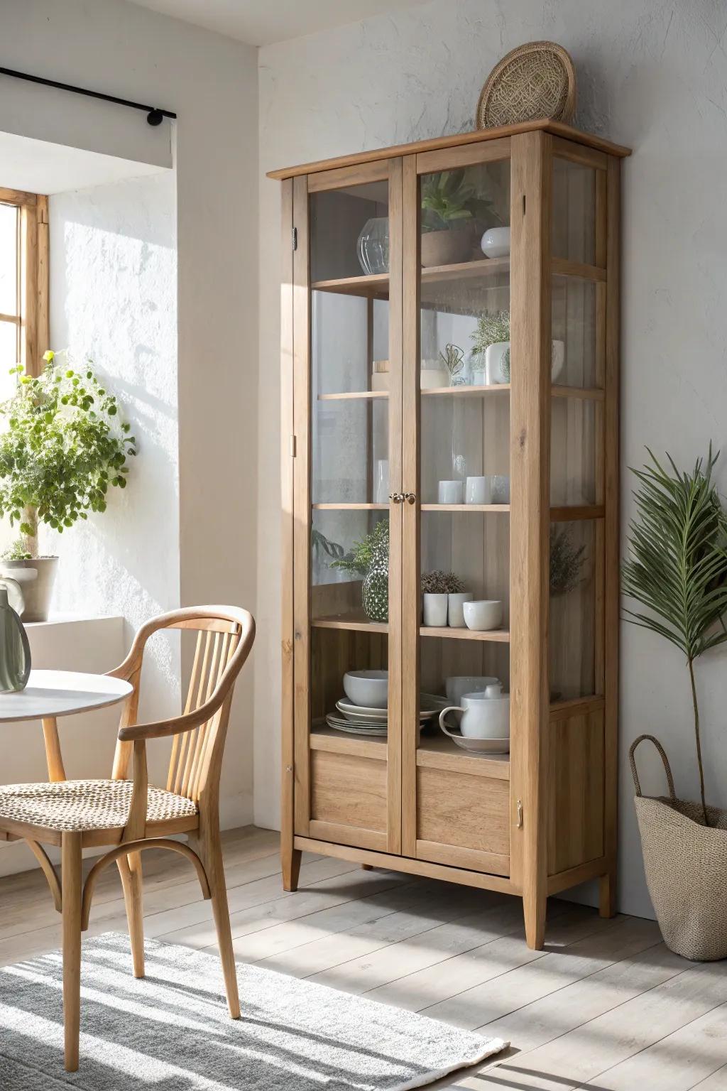 Elegance and display come together with a pantry cabinet featuring glass doors. #ElegantHome #GlassDoors