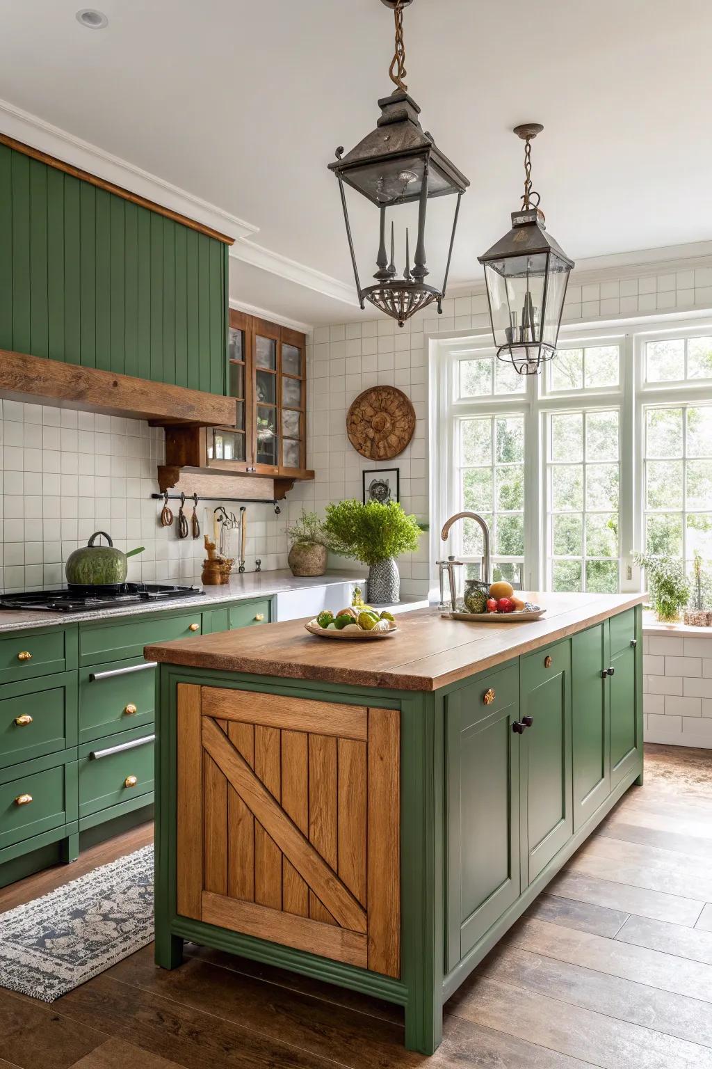 Vintage touches add a unique character to your green and wood kitchen.