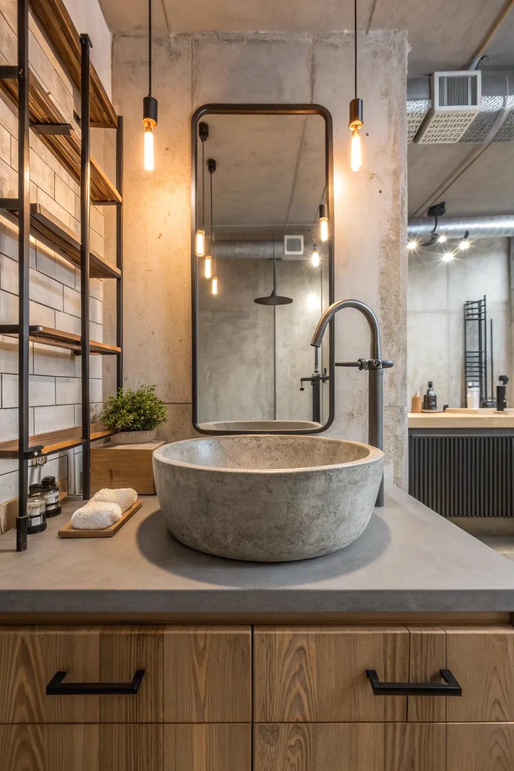Industrial touches add an edgy vibe to this contemporary loft bathroom.