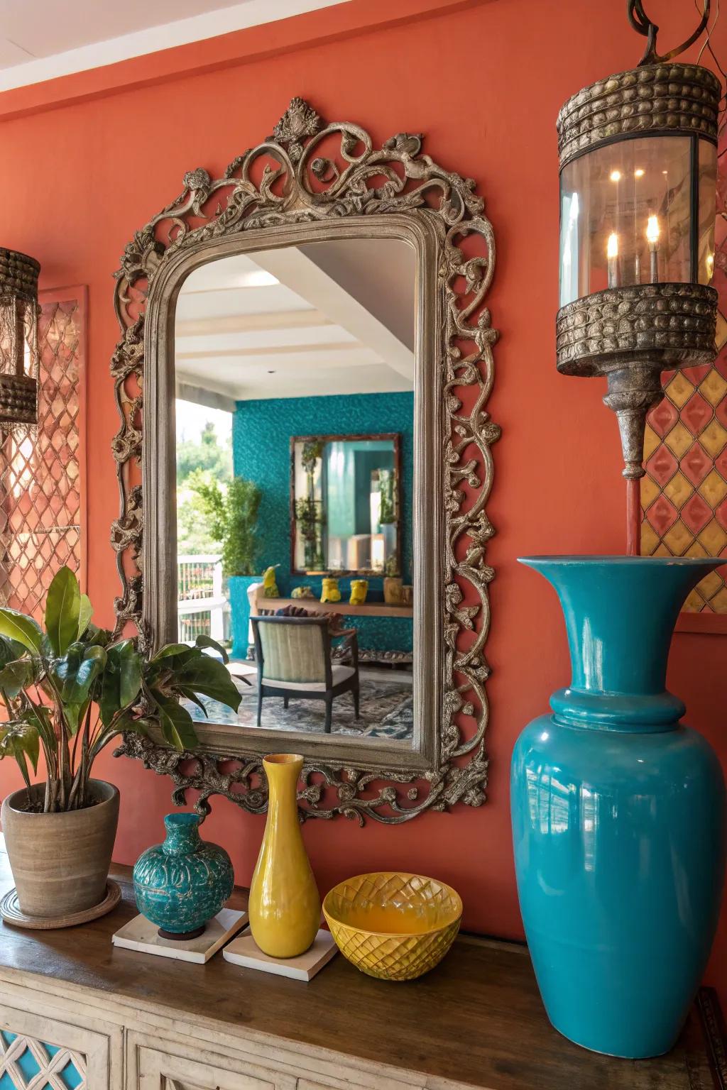 Ornate mirrors serve as standalone art, radiating elegance.
