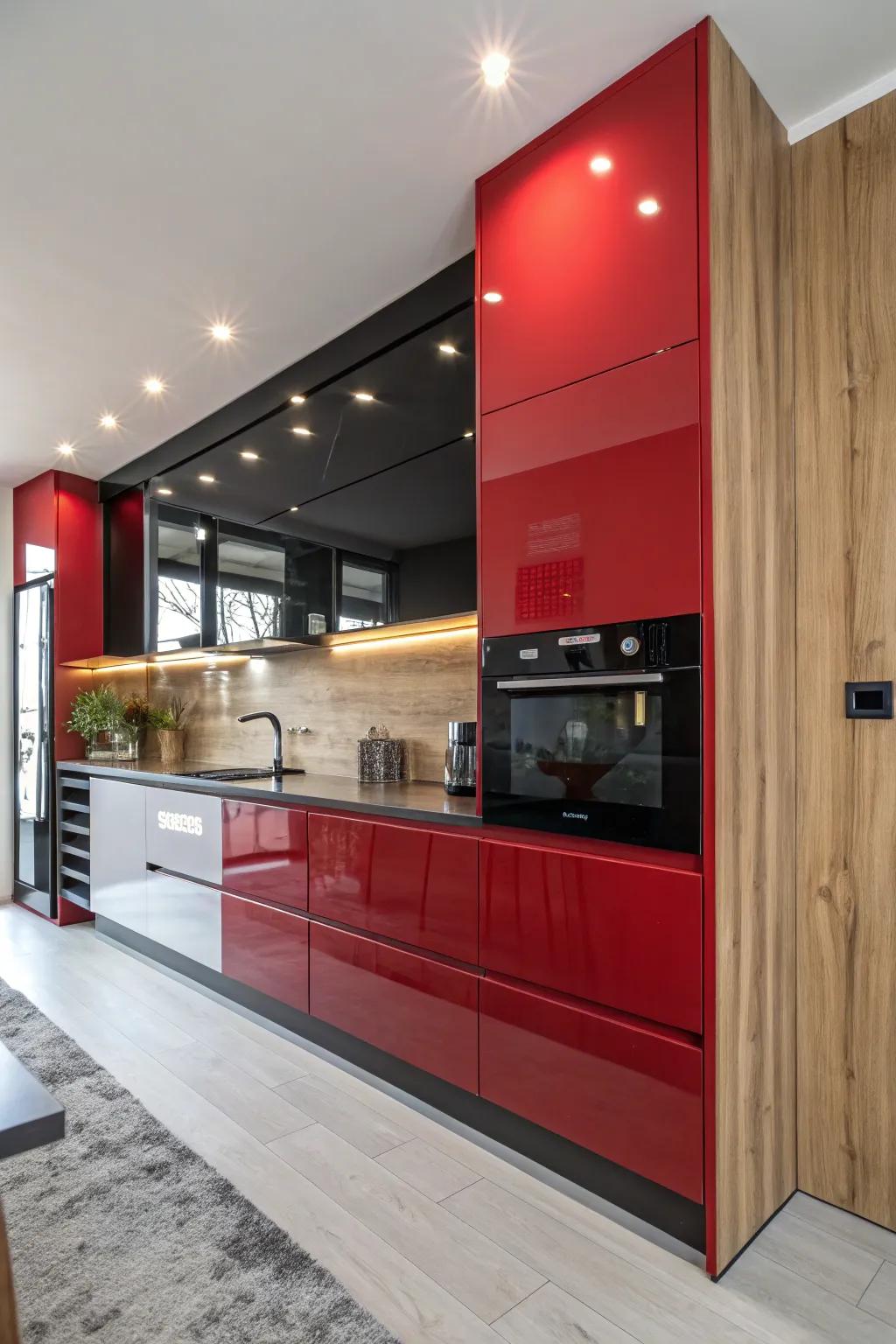 Step into the future with glossy finishes and cutting-edge design that redefine modern kitchen style. #ModernKitchen #GlossyRed #FuturisticDesign