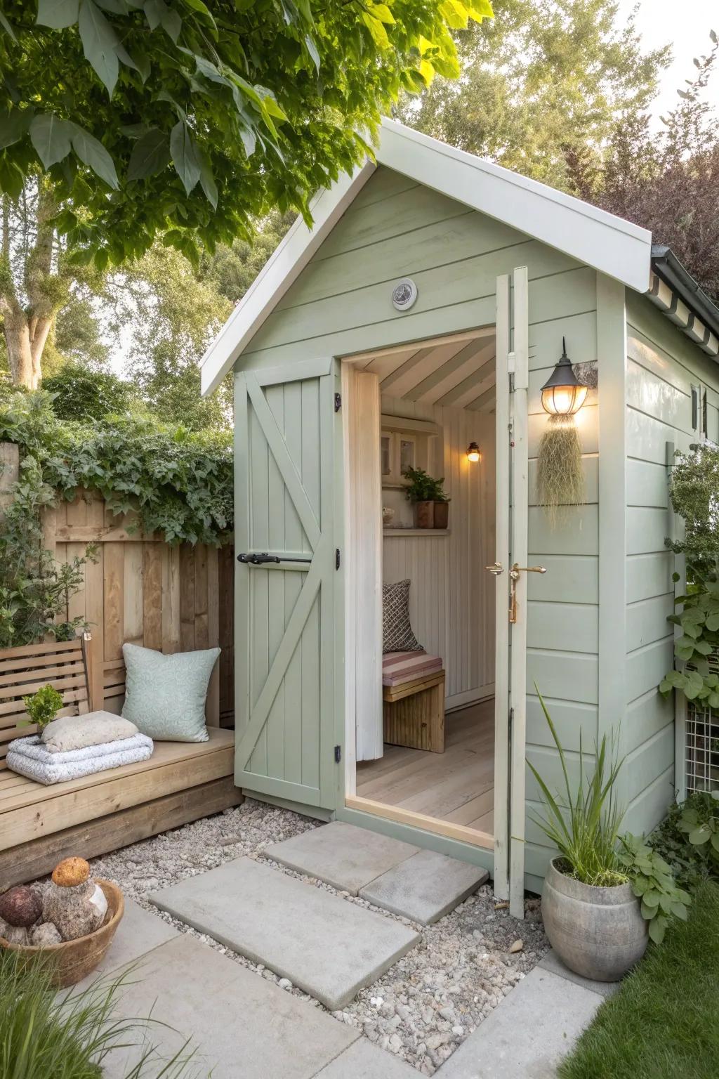 Step outside and find a hidden haven within your garden shed. 🌿 #GardenHideaway #OutdoorCharm