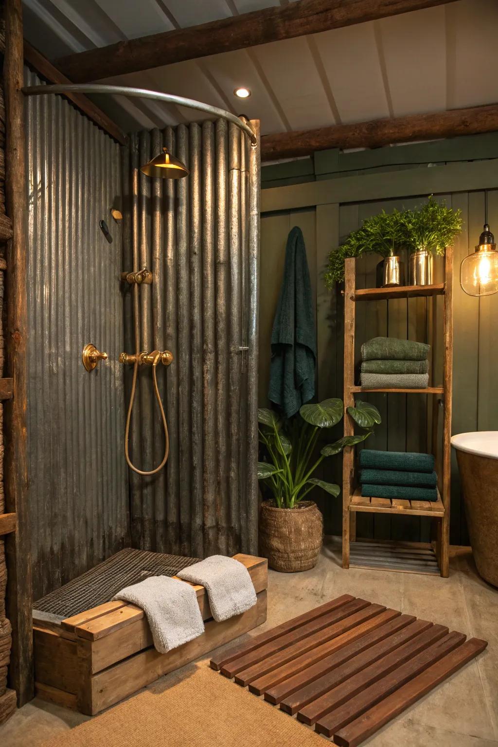 Experience rustic luxury with high-end touches and soft textiles in your metal shower.
