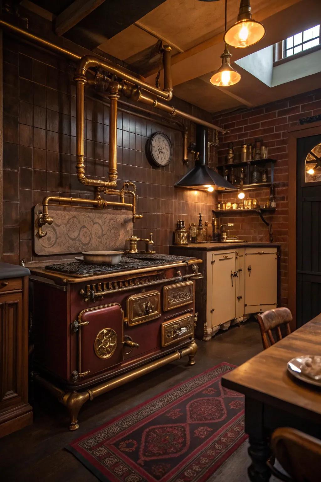 Transform your kitchen into a steampunk masterpiece with brass and pipes. 🛠️🍽️ #KitchenInspiration #SteampunkStyle